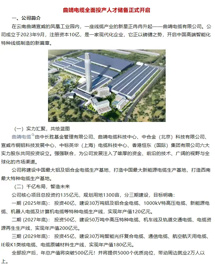 曲靖电缆全面投产人才储备正式开启