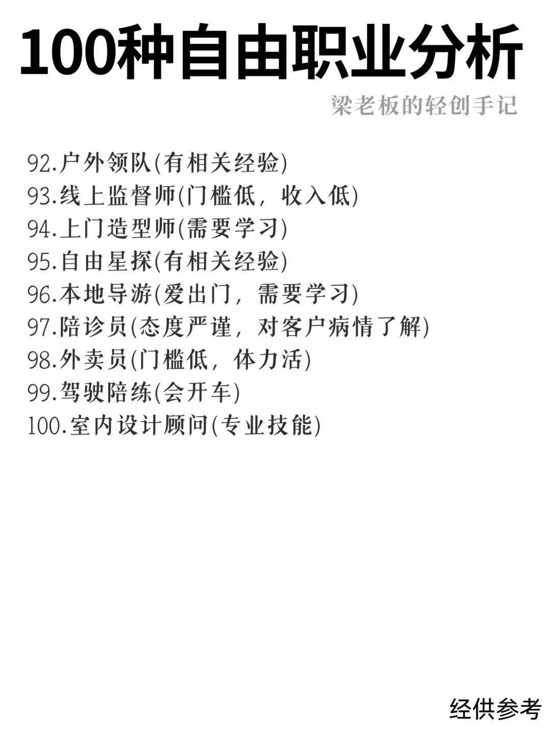 100种自由职业分析，不上班也饿不着