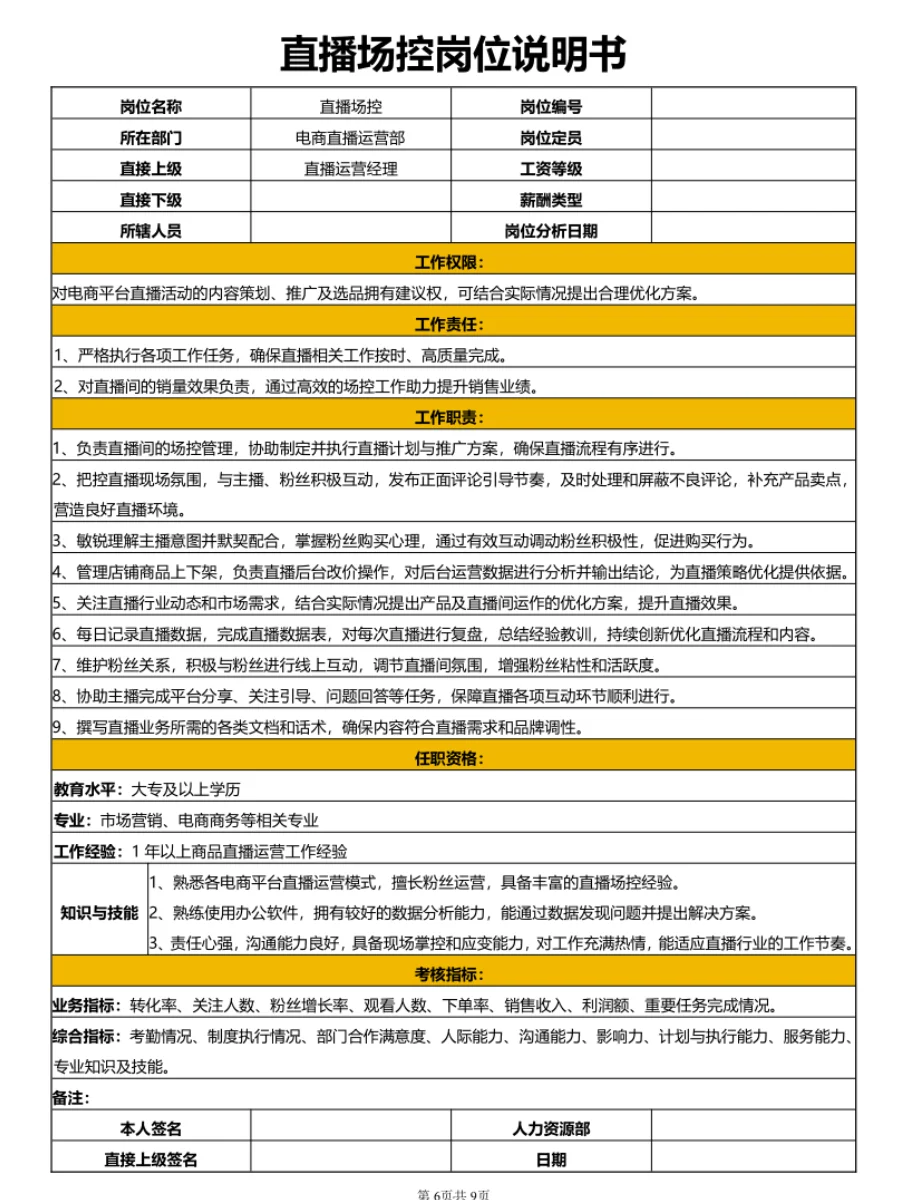 HR必看！电商直播运营部岗位说明书🐵