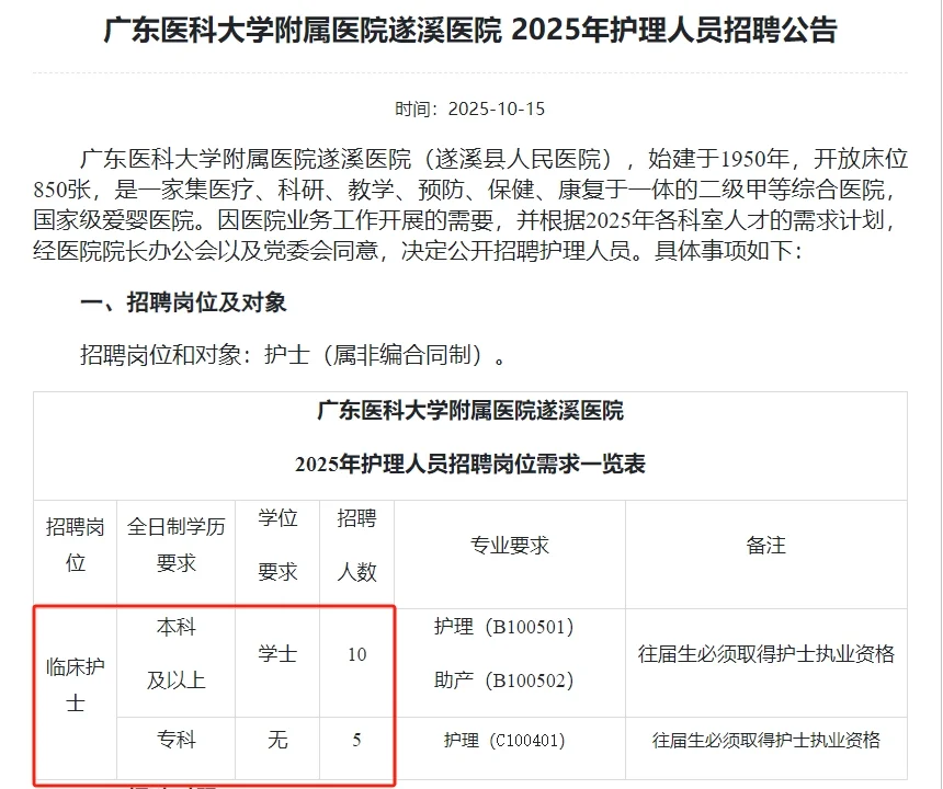 广医附属医院遂溪医院招聘护理人员15人
