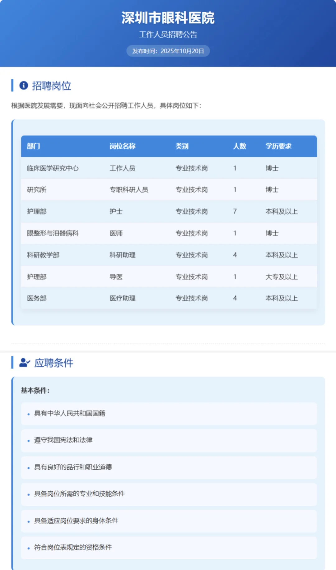 深圳市眼科医院招聘多人！