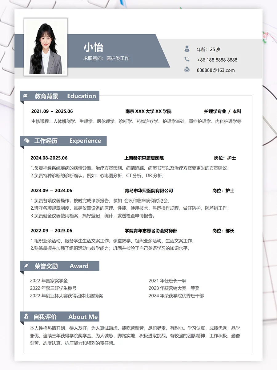 简约高分医护护士应届毕业生求职简历模板！
