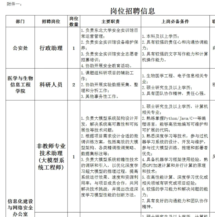 东北大学2025年非教师岗位招聘