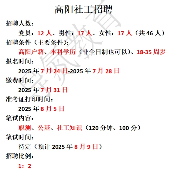 高阳县2025年社工招聘公告