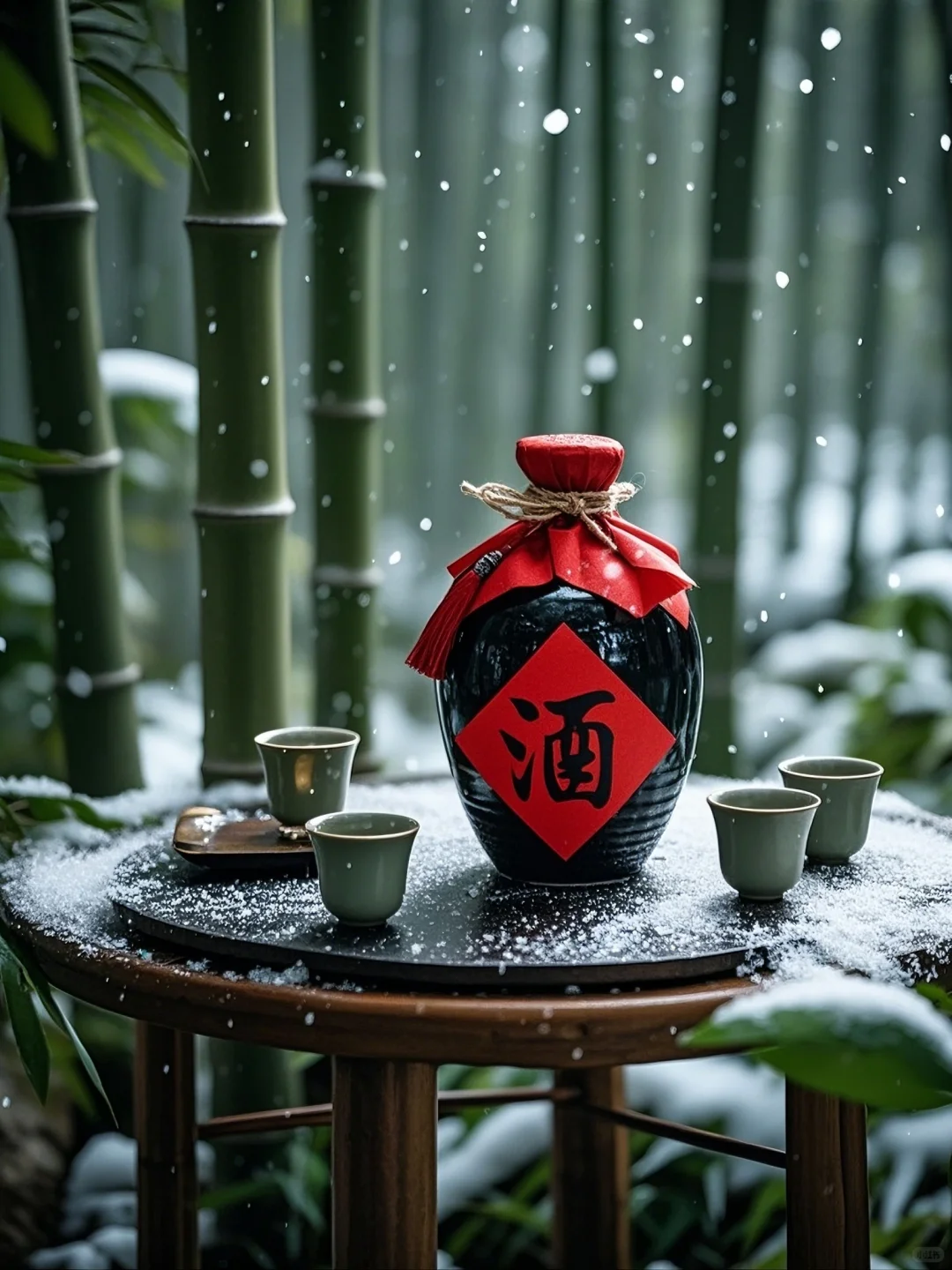 雪落翠竹映寒光，林间小酌醉意长。