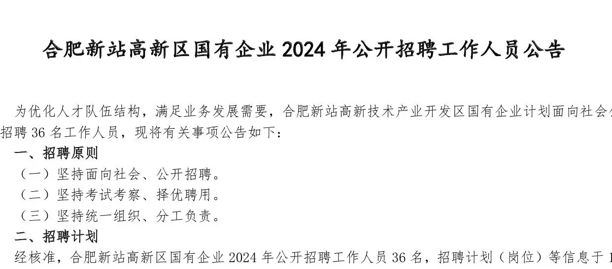 待遇12w多！接下来合肥新站管委会国企招人