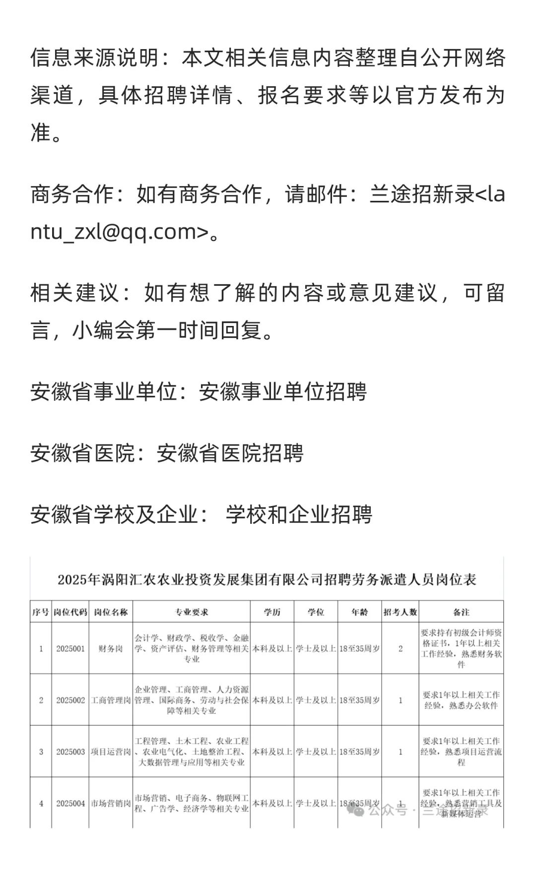 【亳州涡阳】汇农集团招聘劳务派遣人员5名