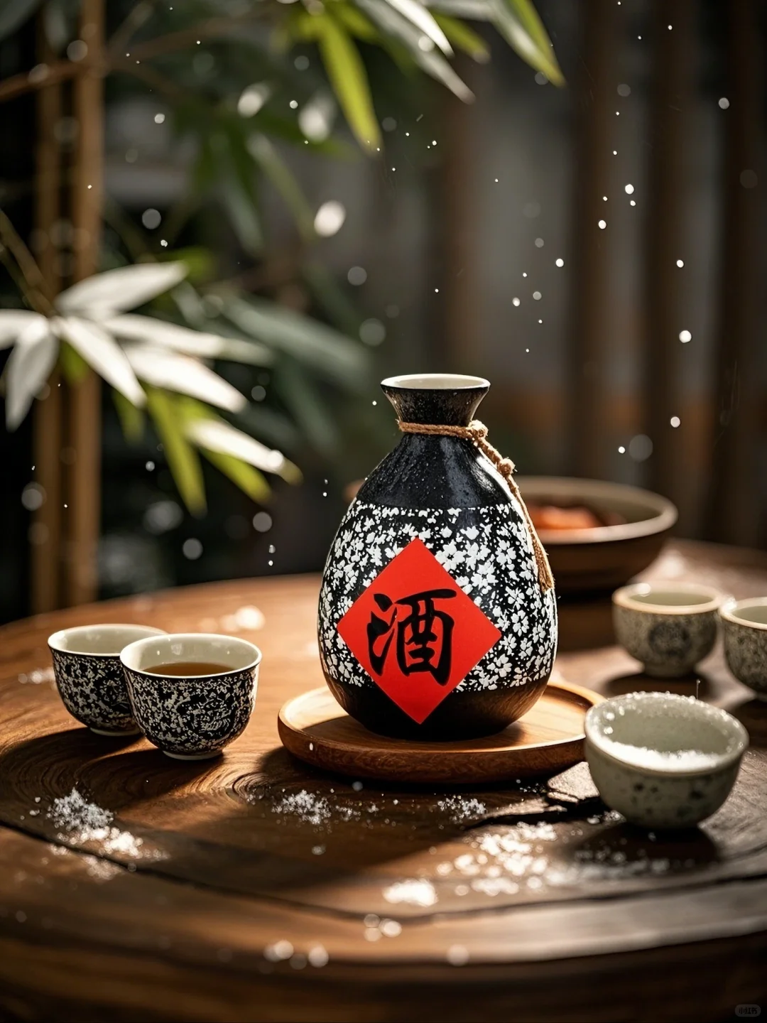 雪落翠竹映寒光，林间小酌醉意长。