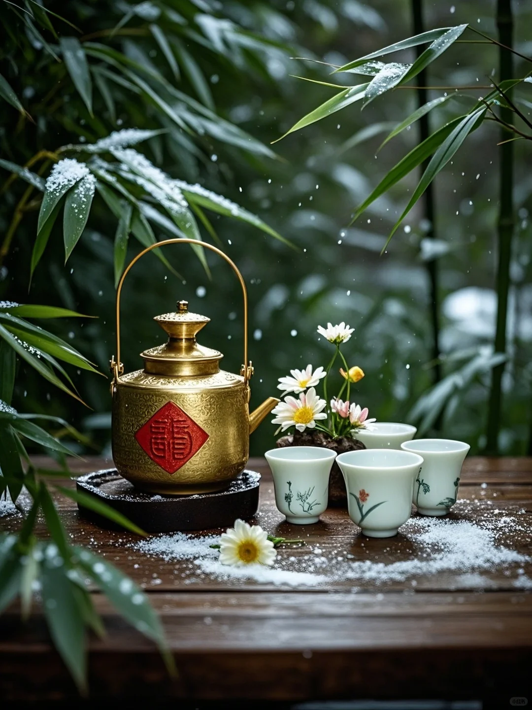 雪落翠竹映寒光，林间小酌醉意长。