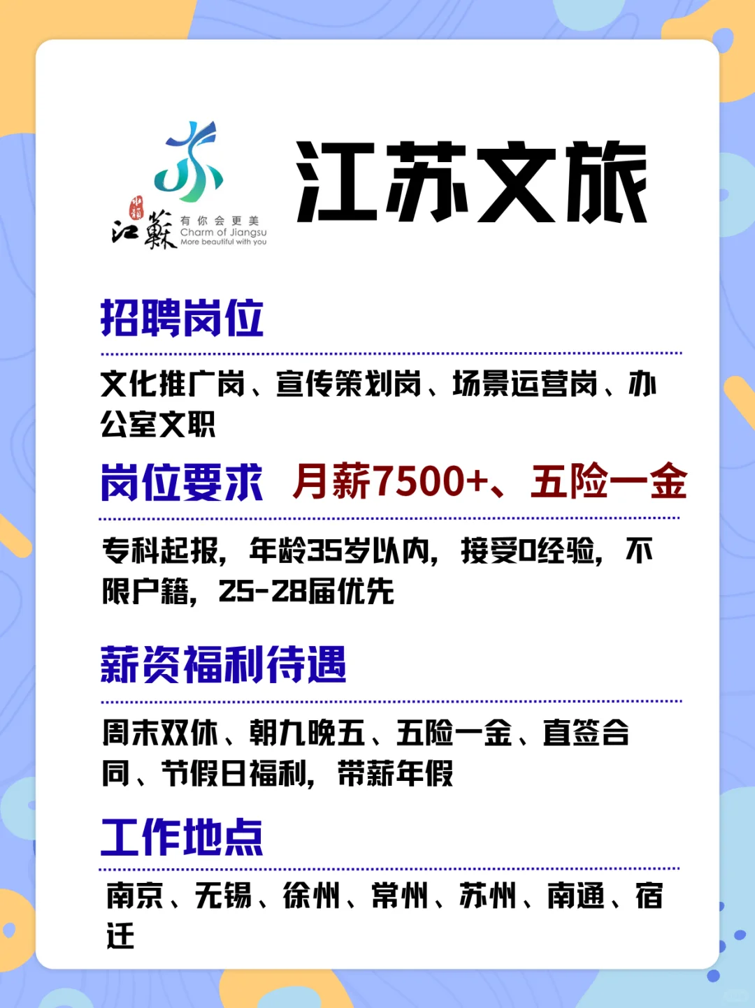 有同学愿意来江苏文旅集团的吗？月薪7500+