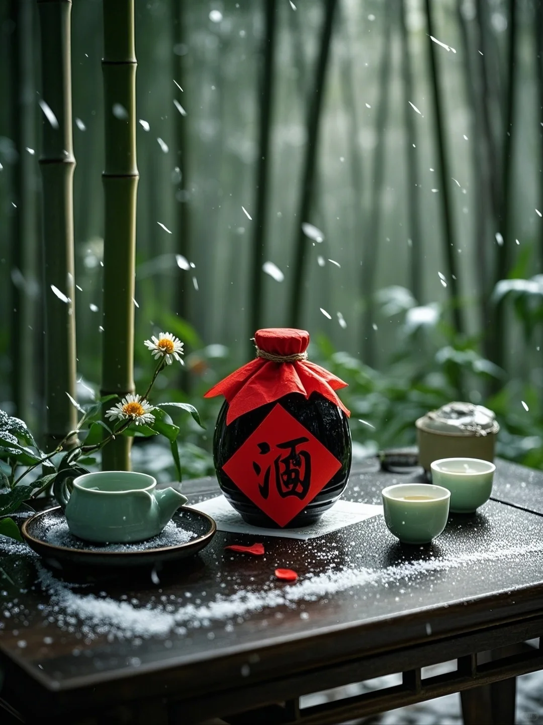 雪落翠竹映寒光，林间小酌醉意长。