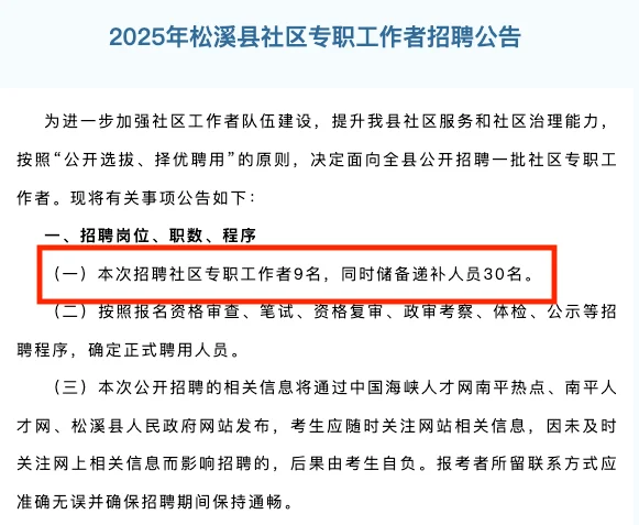 松溪县社区招专职工作者！仅笔试！