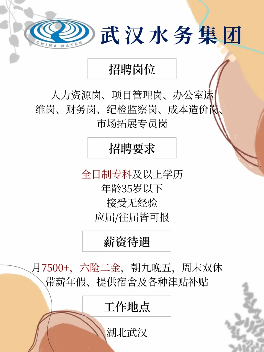 武汉水务集团招人 月7500+六险二金专科起报