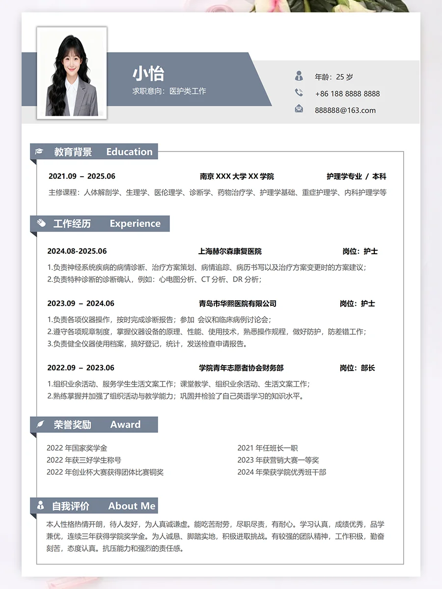 简约高分医护护士应届毕业生求职简历模板！