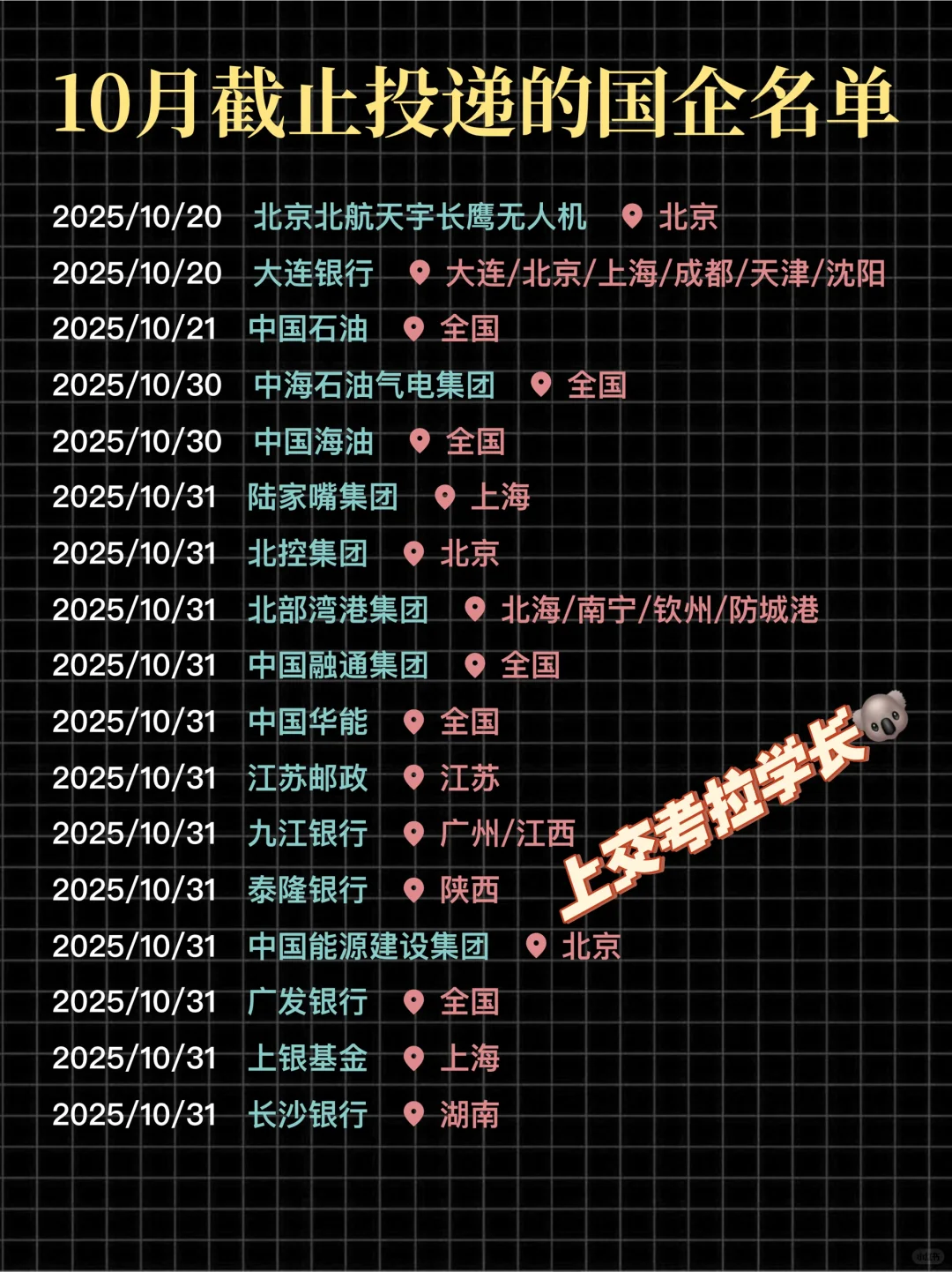 10月秋招马上截止网申投递的国企名单！