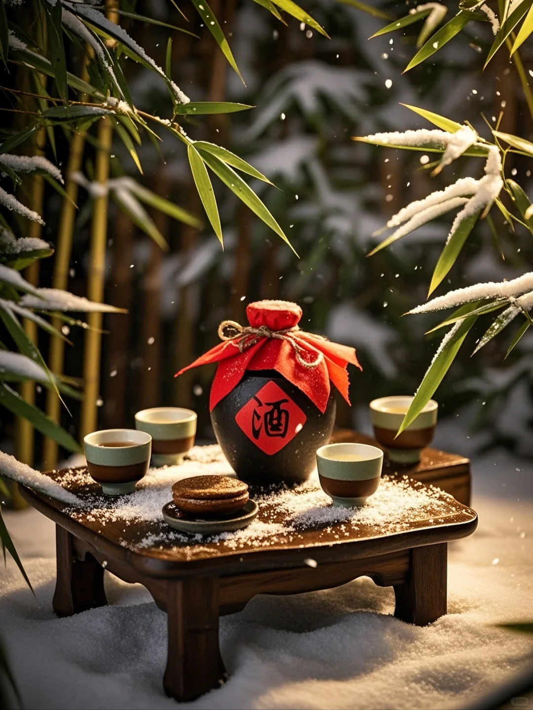 雪落翠竹映寒光，林间小酌醉意长。