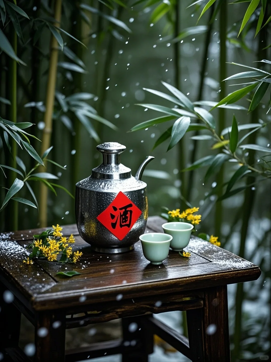 雪落翠竹映寒光，林间小酌醉意长。