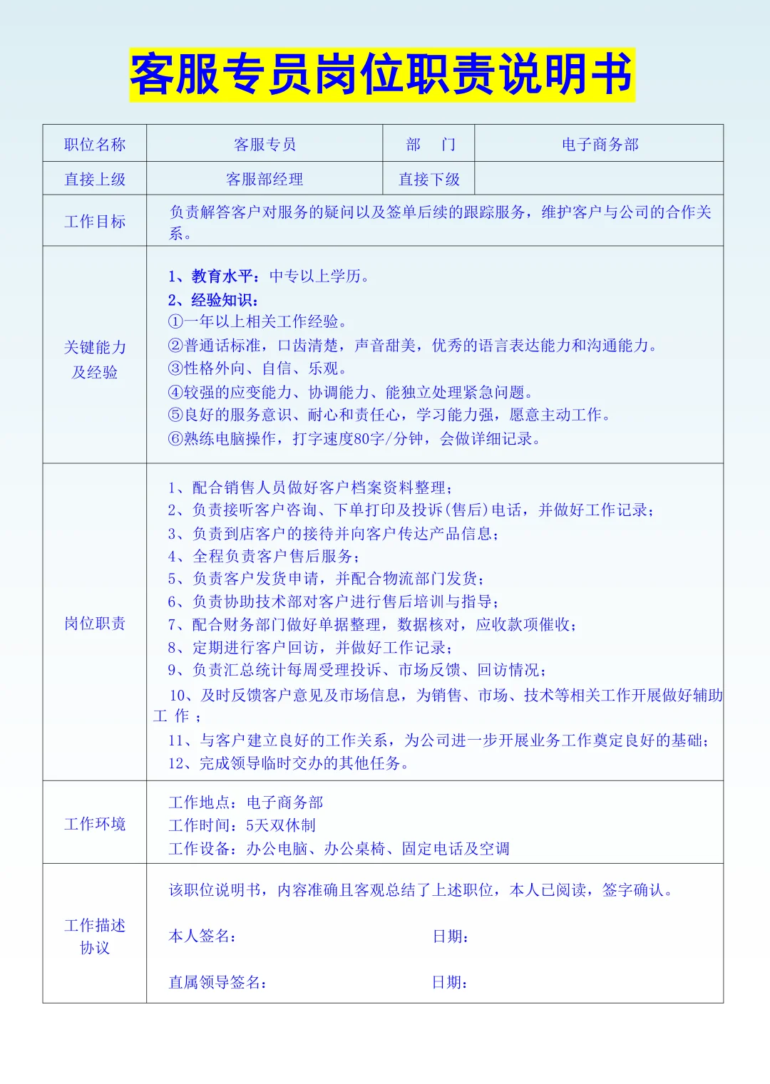 客服专员岗位职责