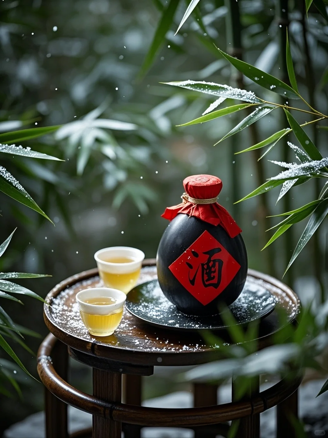 雪落翠竹映寒光，林间小酌醉意长。