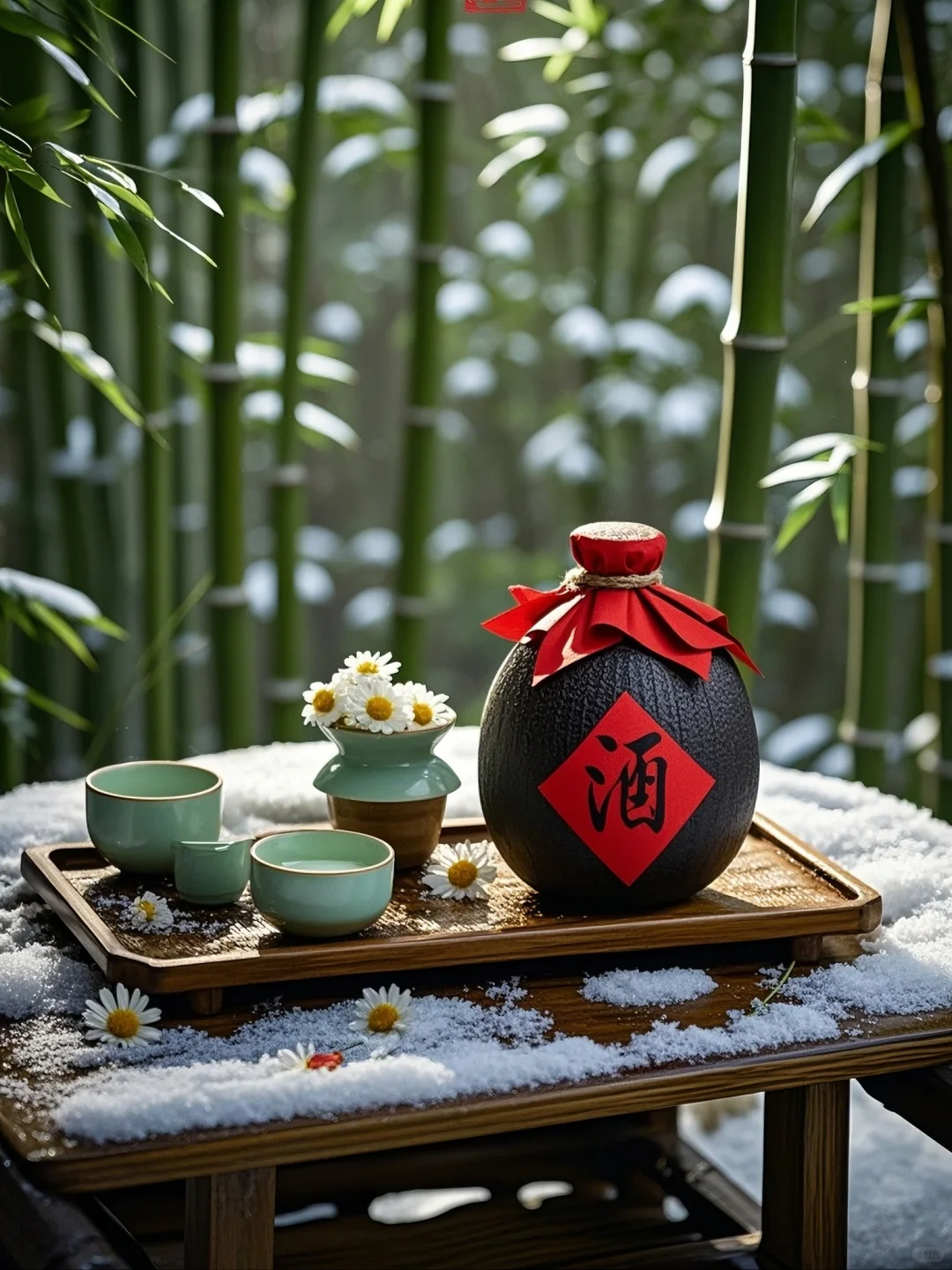 雪落翠竹映寒光，林间小酌醉意长。