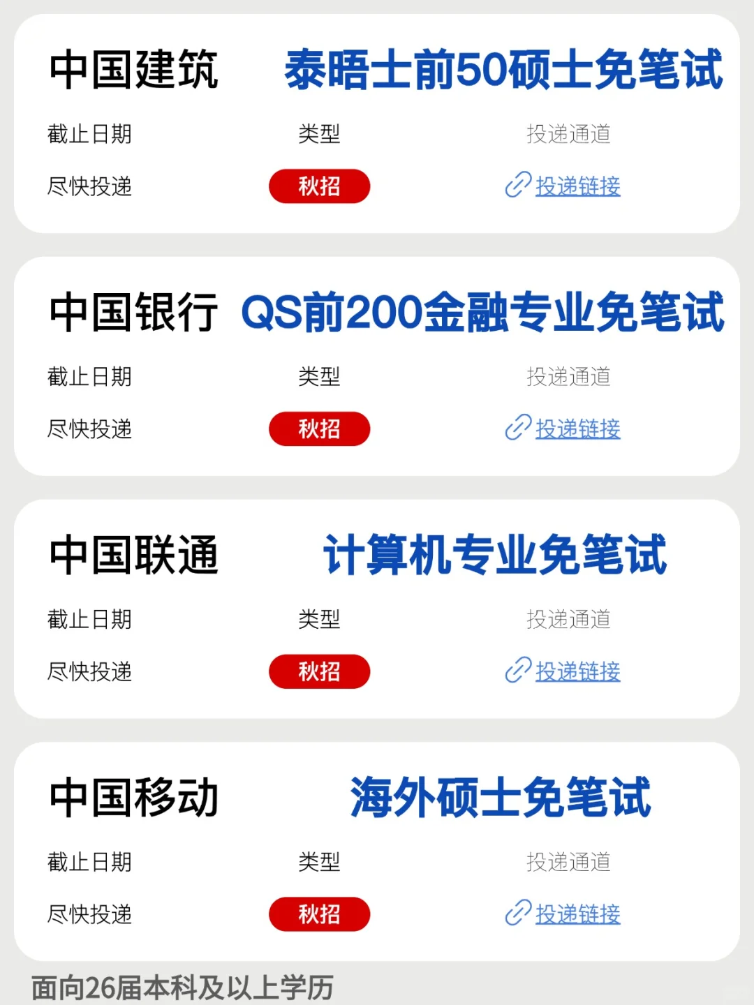 支持留学生 把免笔试的央国企投个遍！