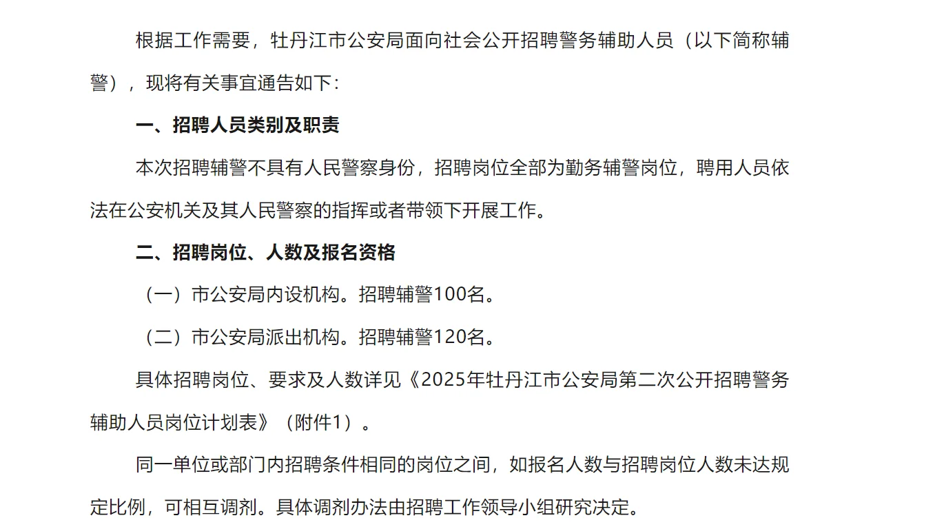 牡丹江市公安局招聘辅警220名‼️