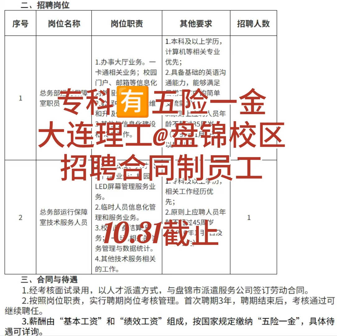 盘锦高校招聘！专科🉑！有五险一金！