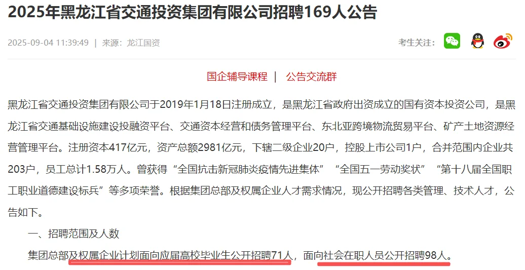 2025年黑龙江省交通投资集团招聘169人公告