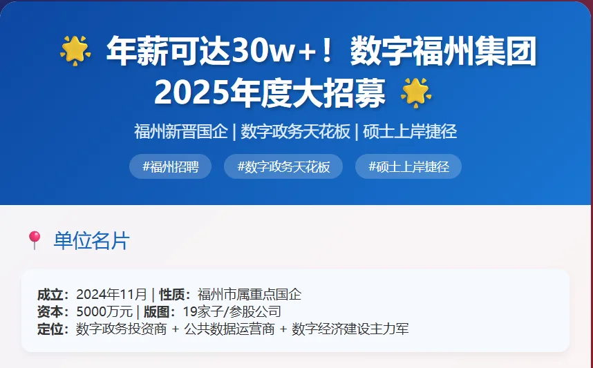 年薪可达30w+福州新晋国企“数字福州集团”