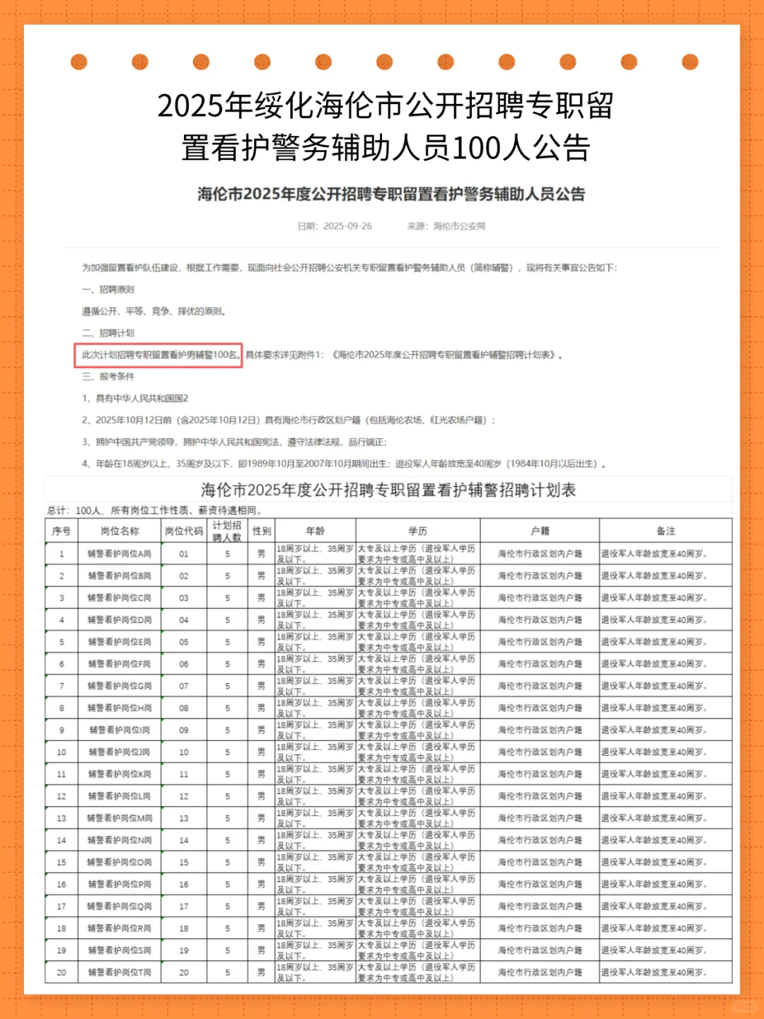 绥化招聘护警务辅助人员100人
