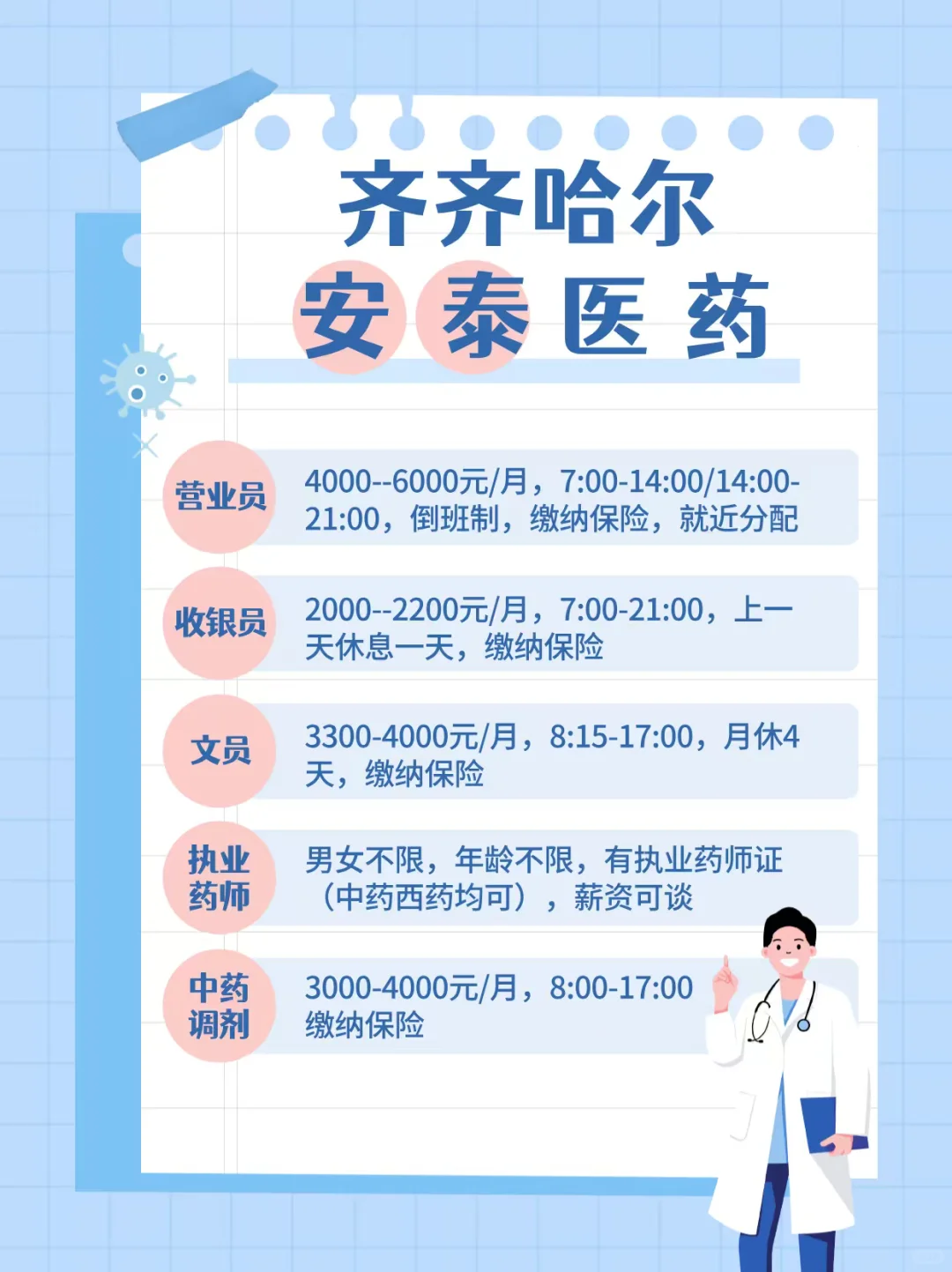 齐齐哈尔安泰医药招聘