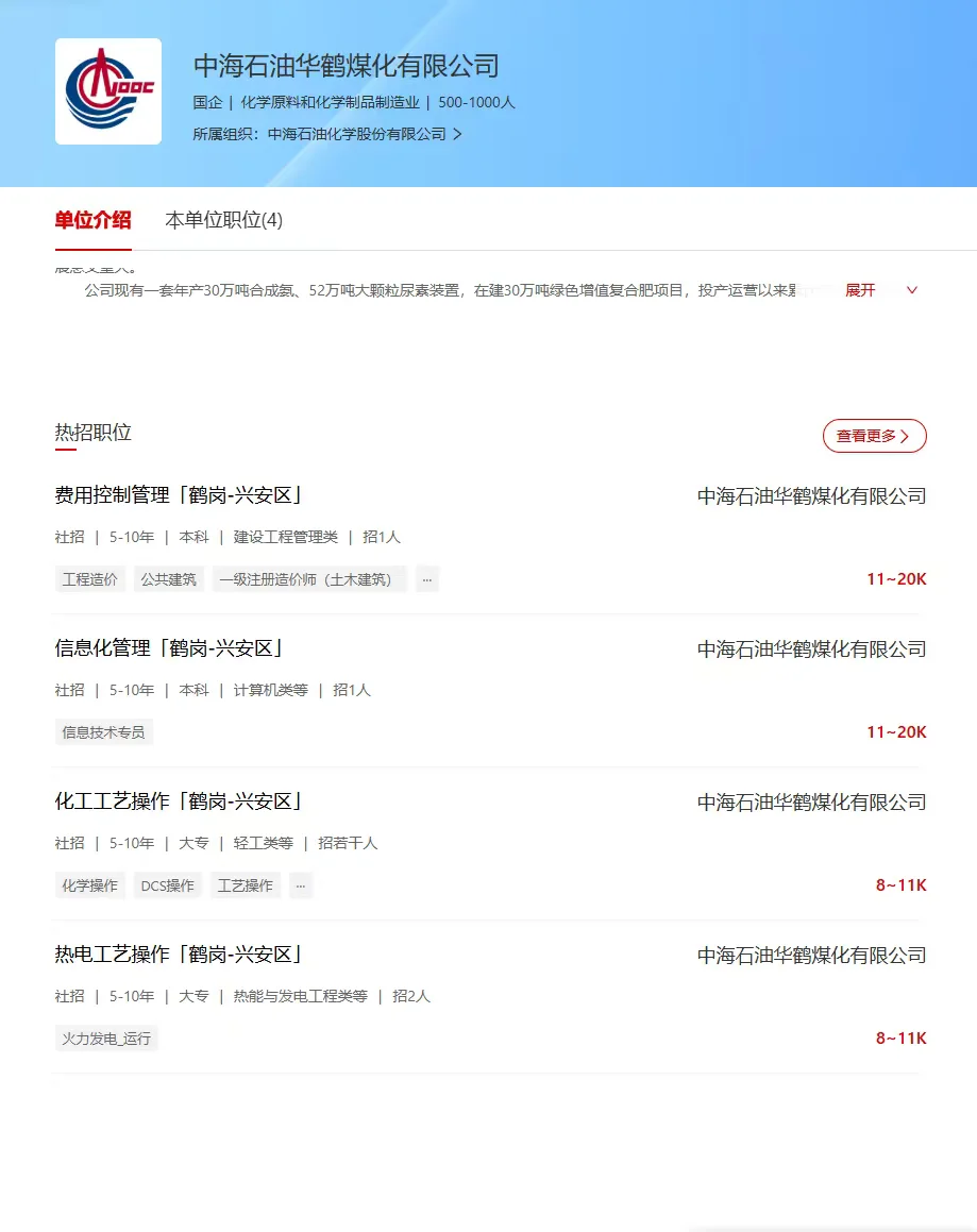 大专】中海石油华鹤煤化有限公司招聘若干人
