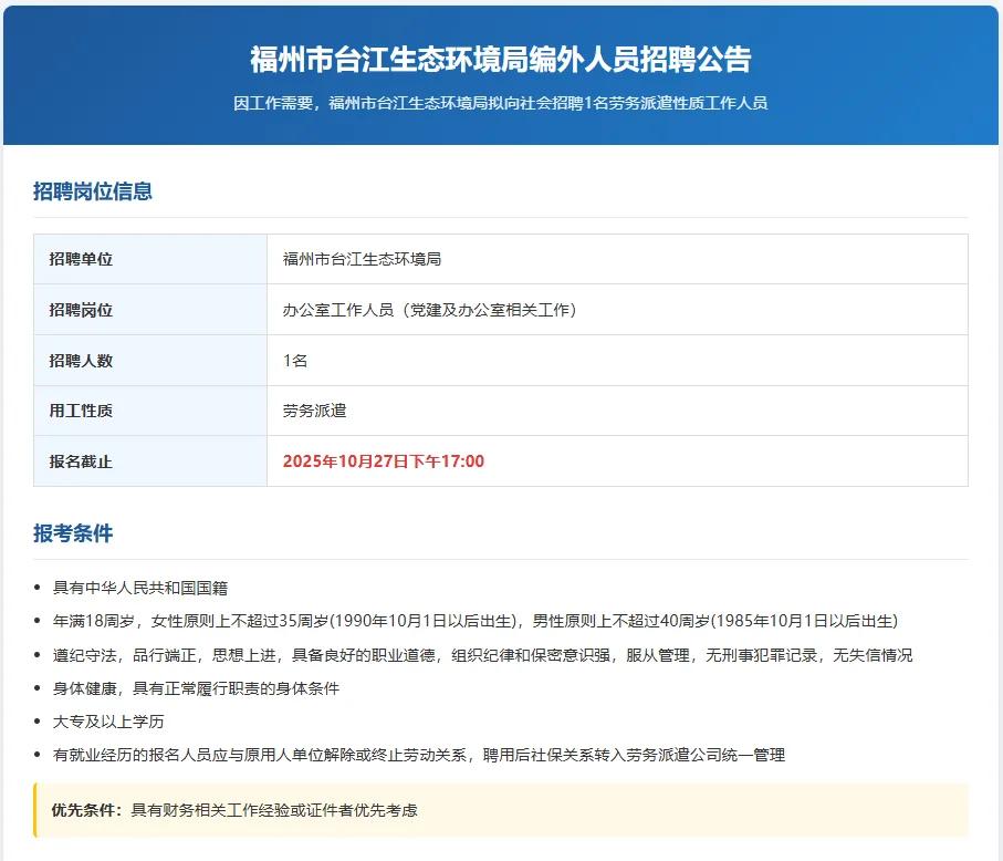 福州事业单位招聘台江生态环境局～