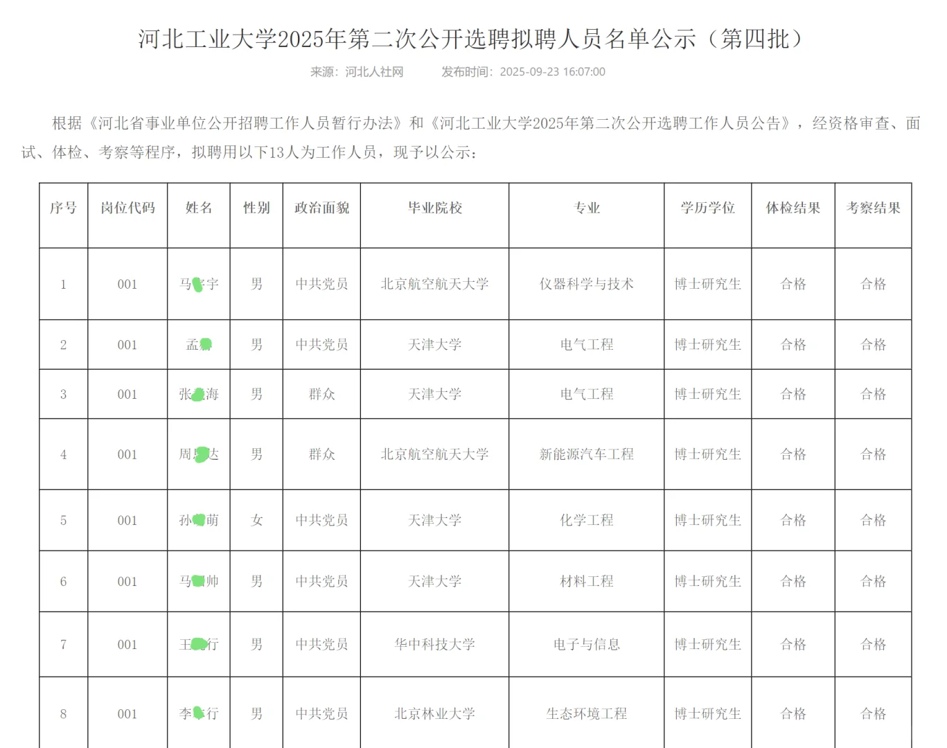 恭喜上岸🍑河北工业大学拟聘公示