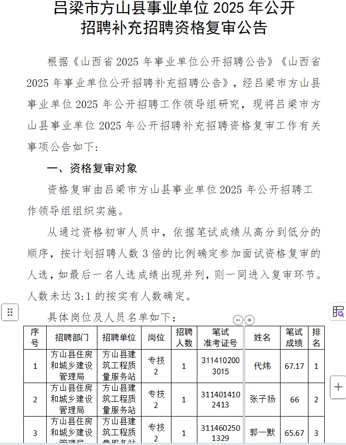 吕梁各县区事业单位2025年补录招聘资格复审