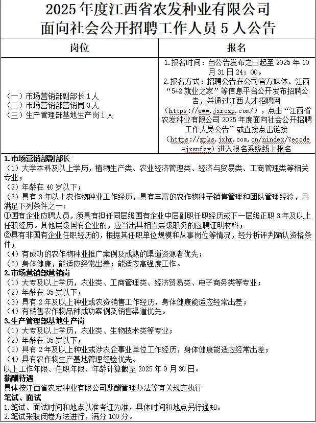 25年江西省农发种业有限公司面向社会招5人