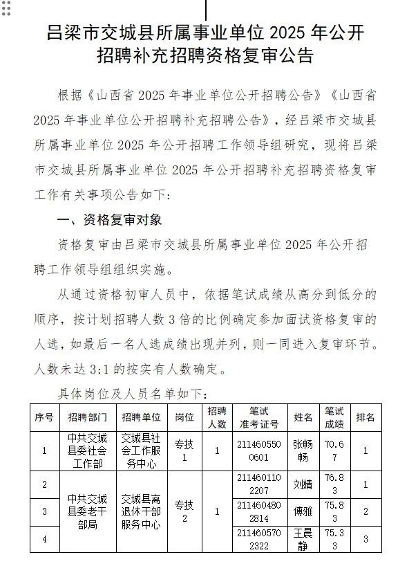 吕梁各县区事业单位2025年补录招聘资格复审