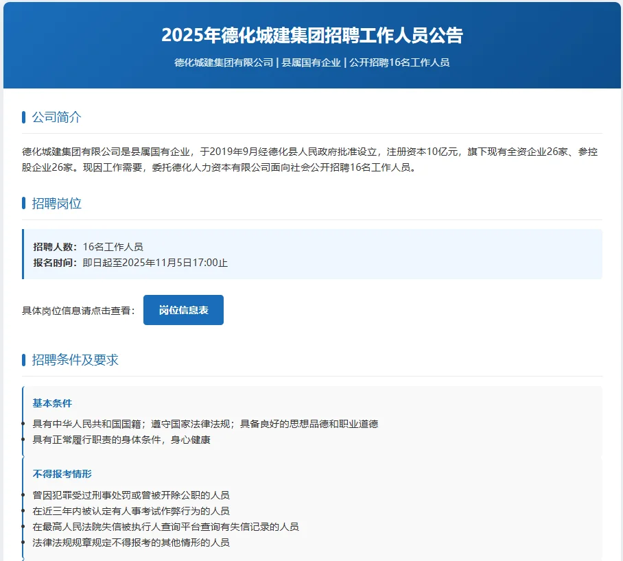 国企直招！德化城建集团招聘啦