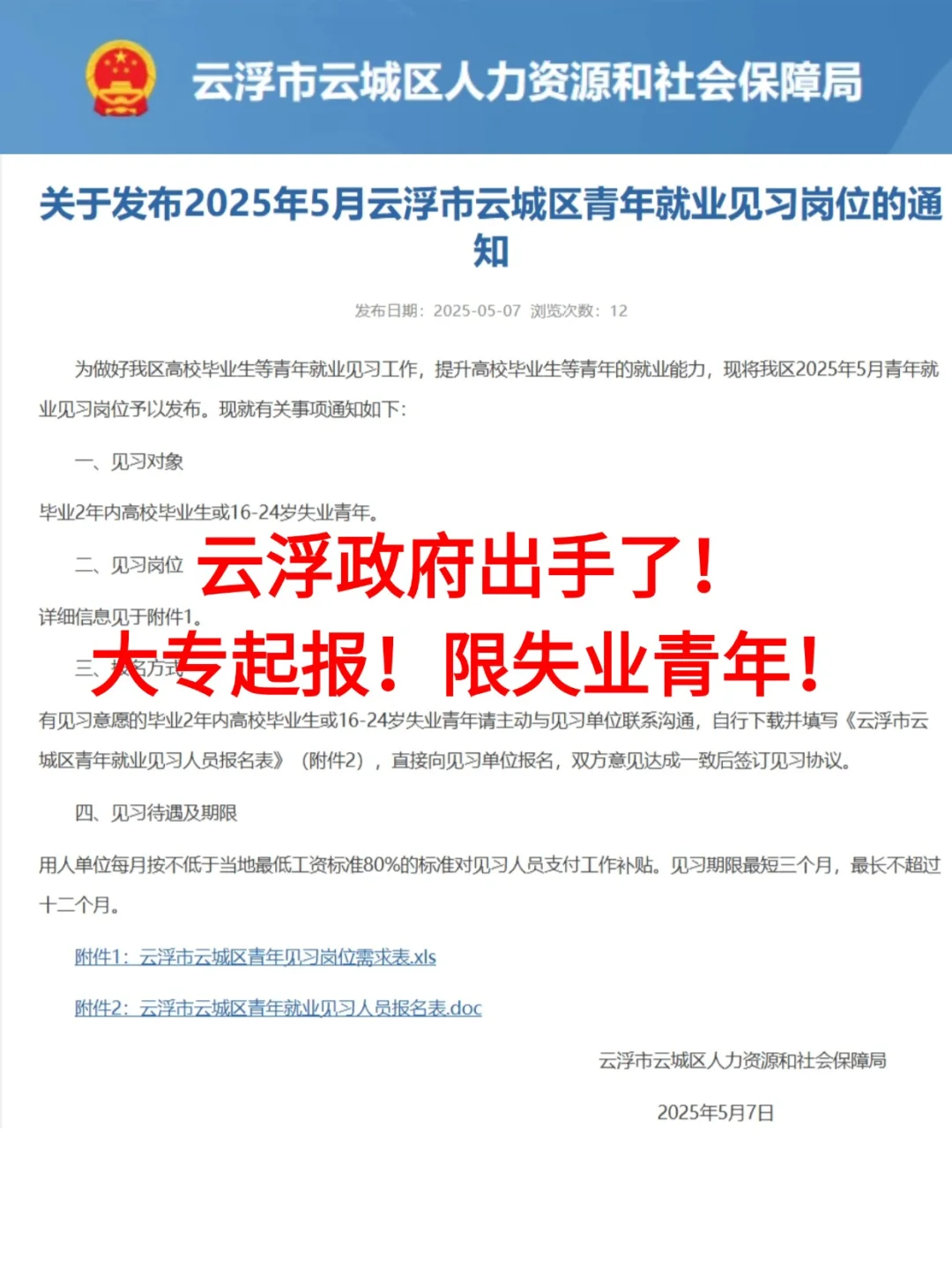 📣大专起报！云浮云城区青年就业见习机会来！