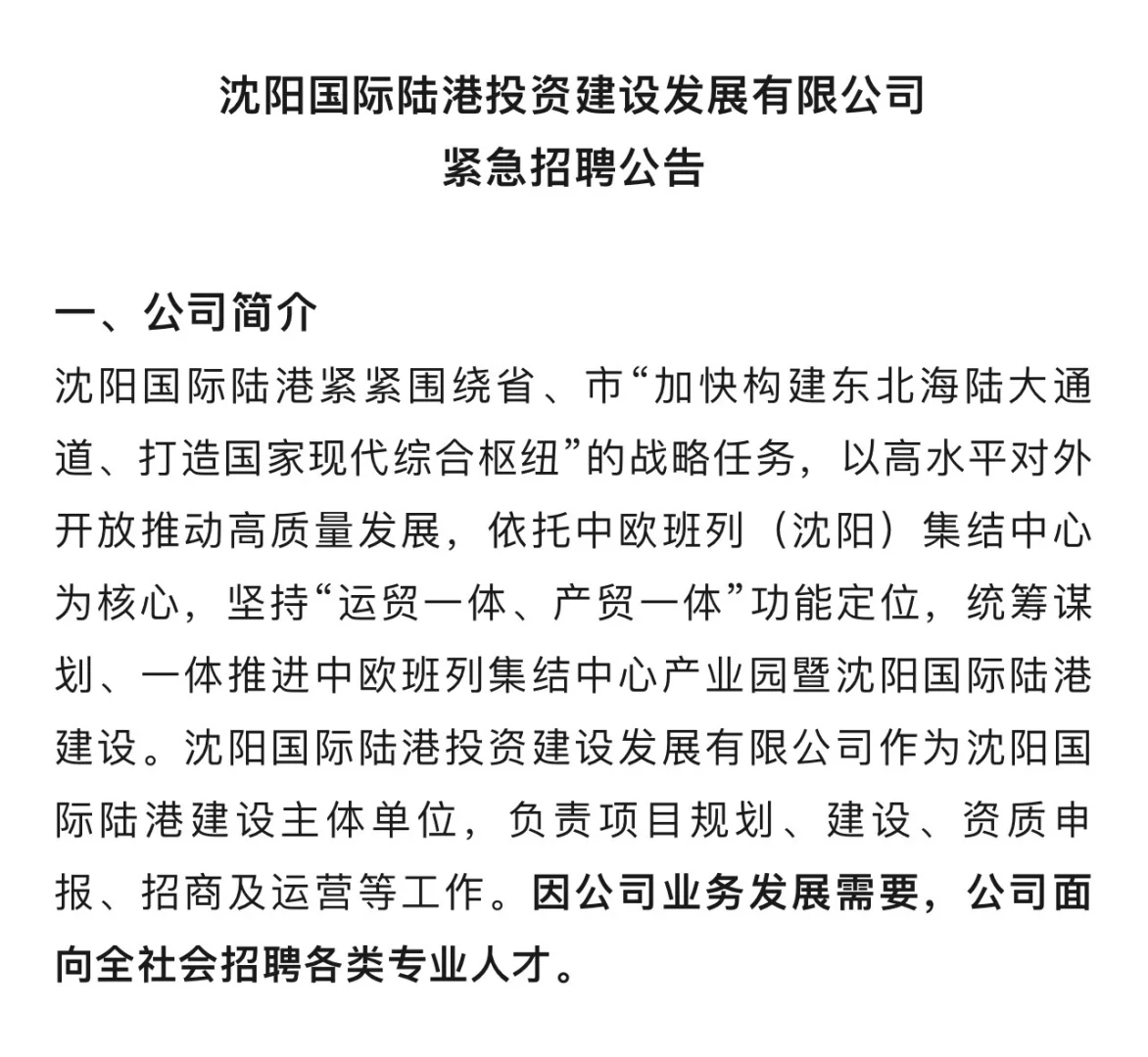 2025年沈阳国际陆港投资发展有限公司招聘
