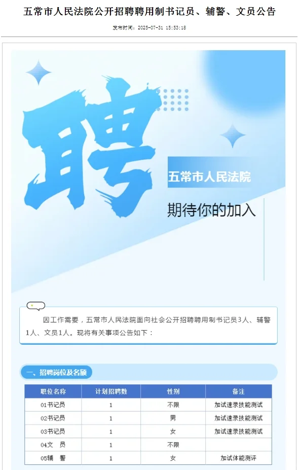 2025年哈尔滨五常市人民法院公开招聘