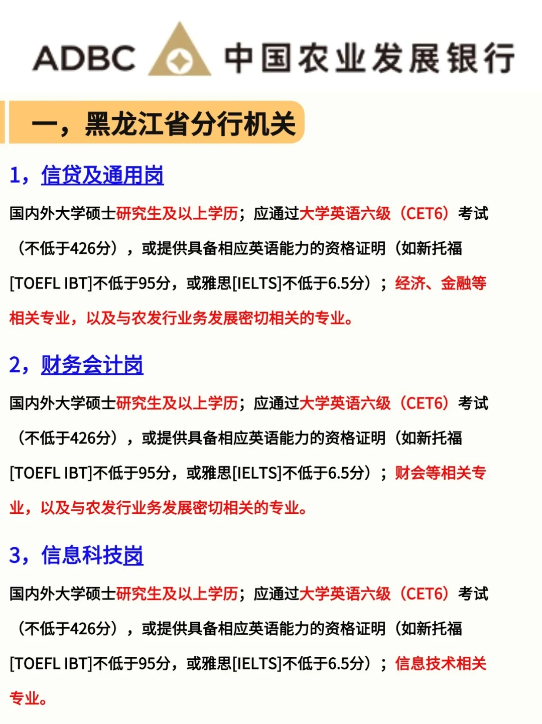 25农发行招考|黑龙江省各地区招聘条件？