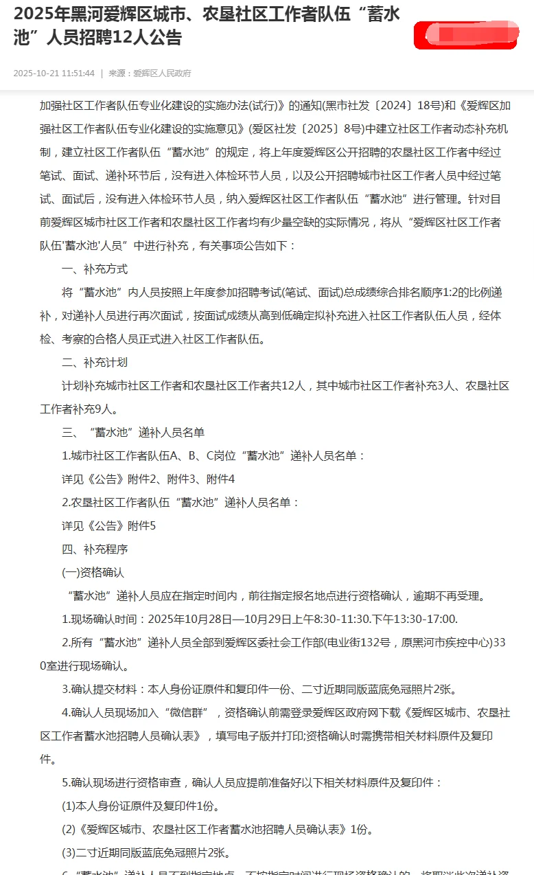 2025黑河爱辉区“蓄水池”人员招聘12人公告