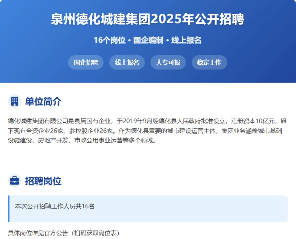 泉州德化城建集团招聘16人！