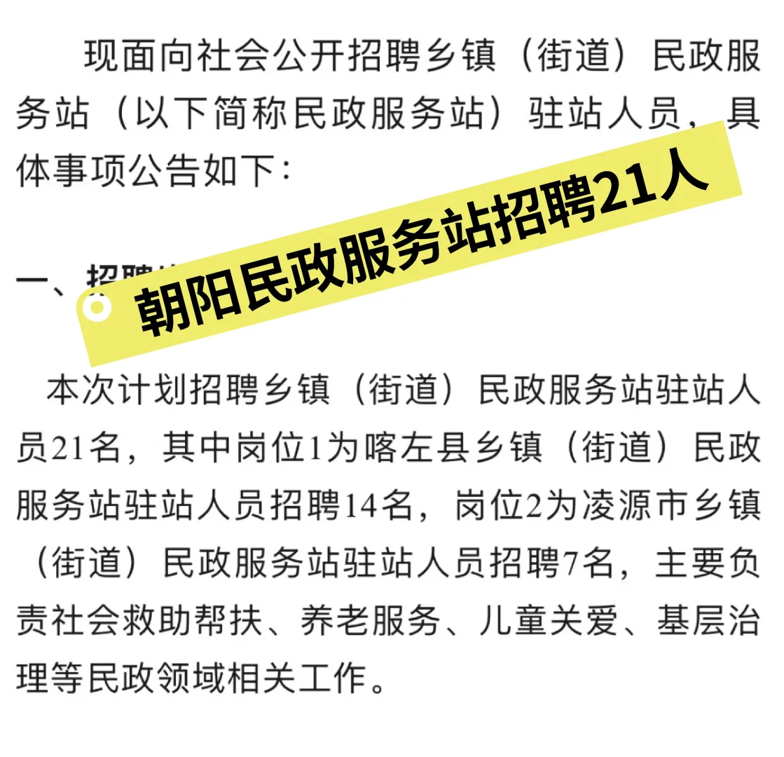 朝阳民政服务站招聘21人！
