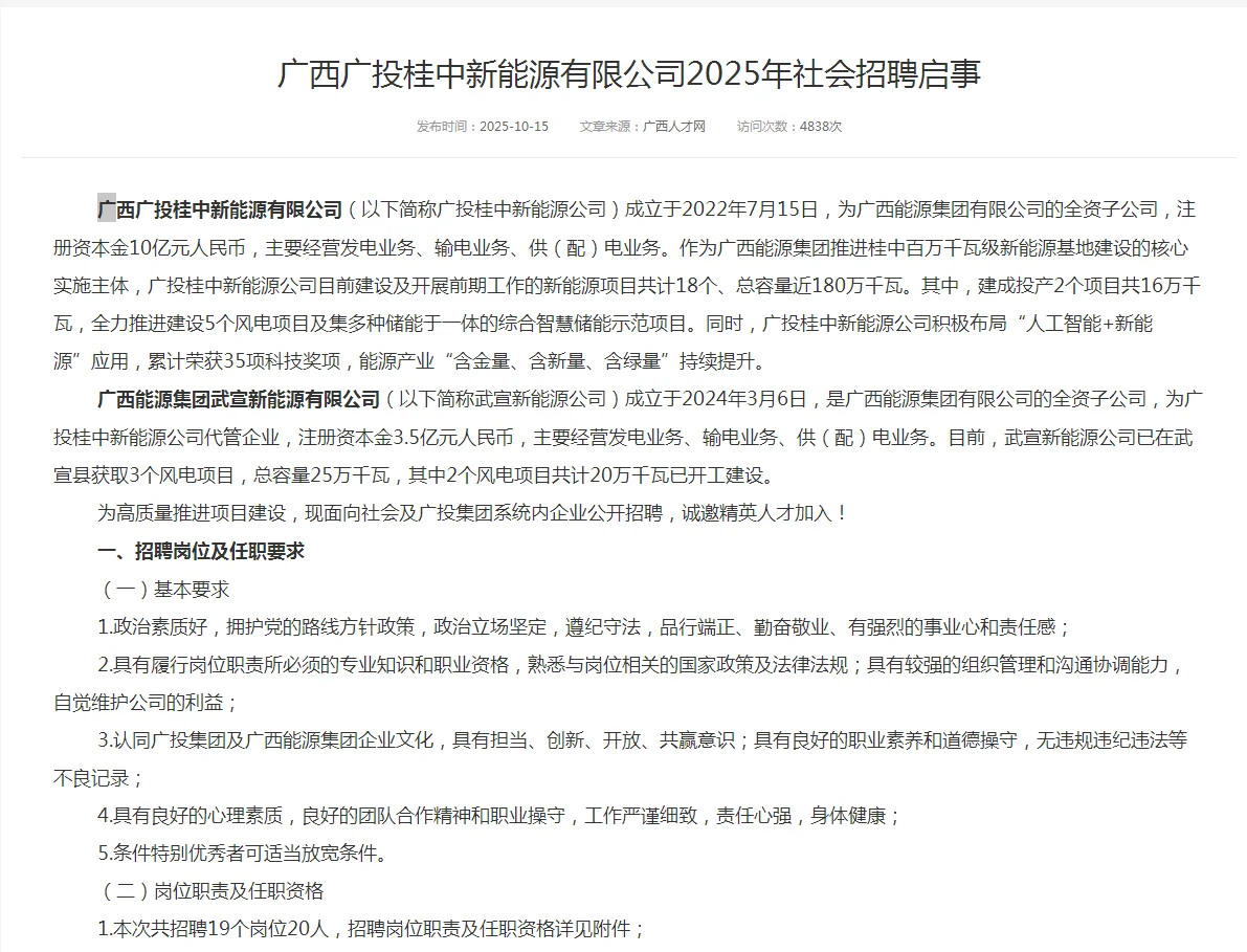 广西广投桂中新能源有限公司2025招聘