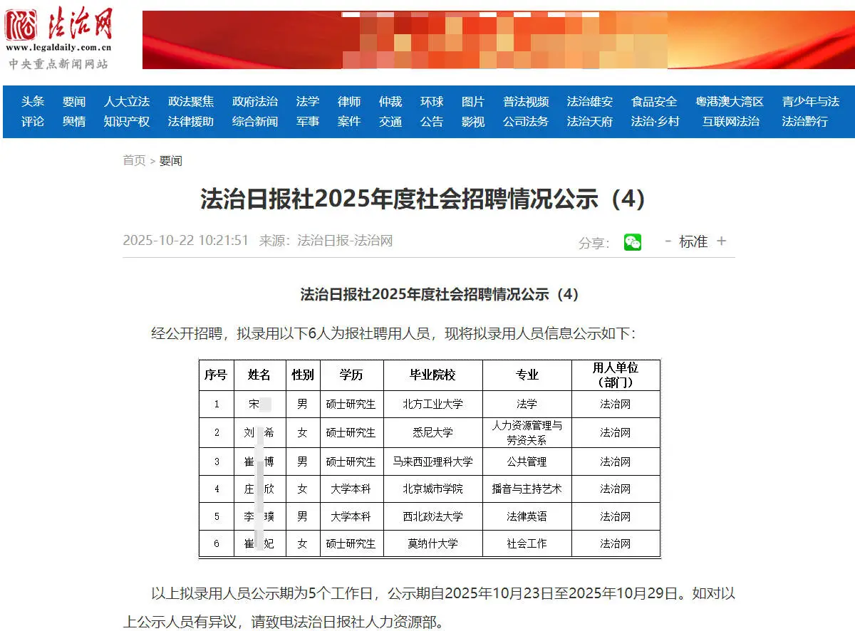 法治日报社2025社会招聘公示4人 恭喜上岸