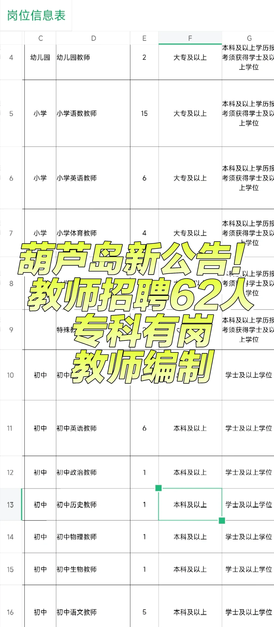 葫芦岛教师招聘62人！幼、小、初、高均有岗