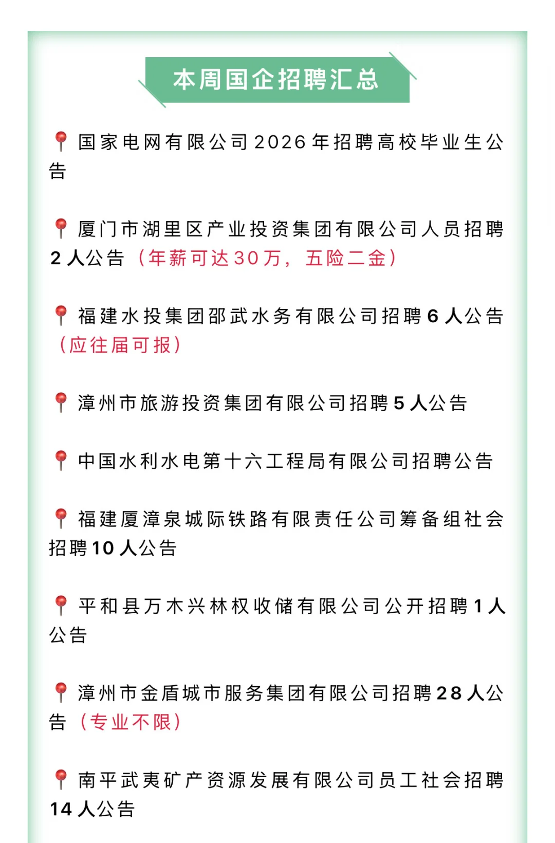 10月本周福建国企招聘公告！含专业不限