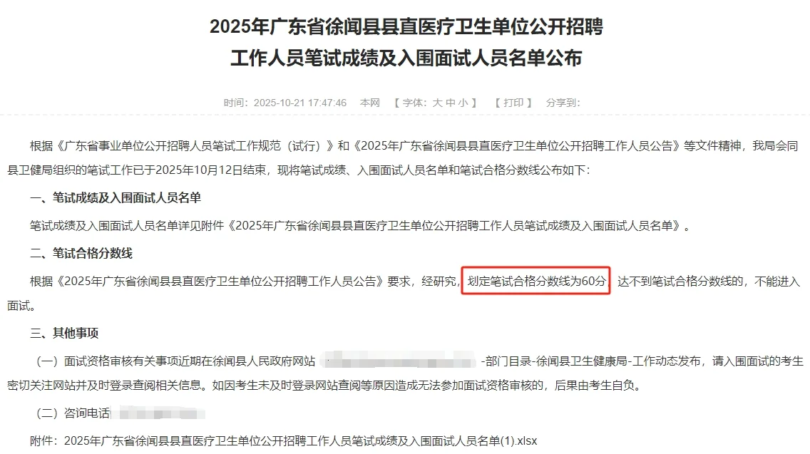 2025年徐闻县县直医疗卫生单位招聘笔试成绩